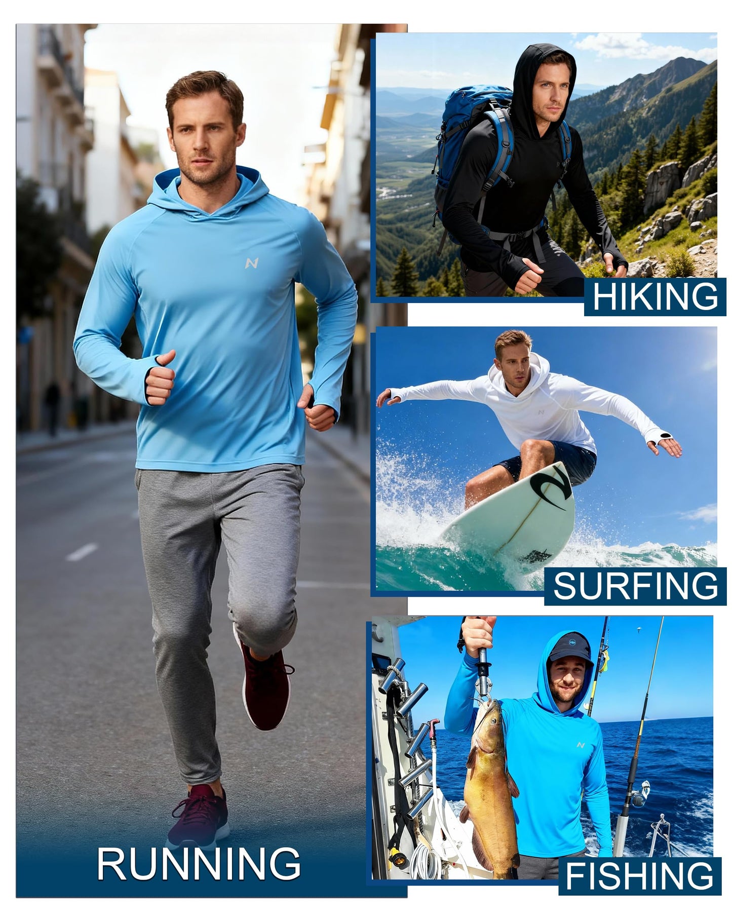 isnowood Sun Shirt UPF 50+ Men's Fishing Long Sleeve UV Protection Hoodie Hiking Rash Guard Swimming Running Gray