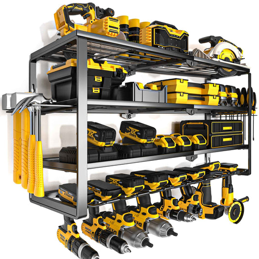 YYR 4 Layer Power Tool Organizer Wall Mount, Cordless Drill Hanger Storage Rack, Battery Tools Holder with Charging Station Shelf for Garage Organization, Workshop, Pegboard, Shed - 32 Inch 8 Slots