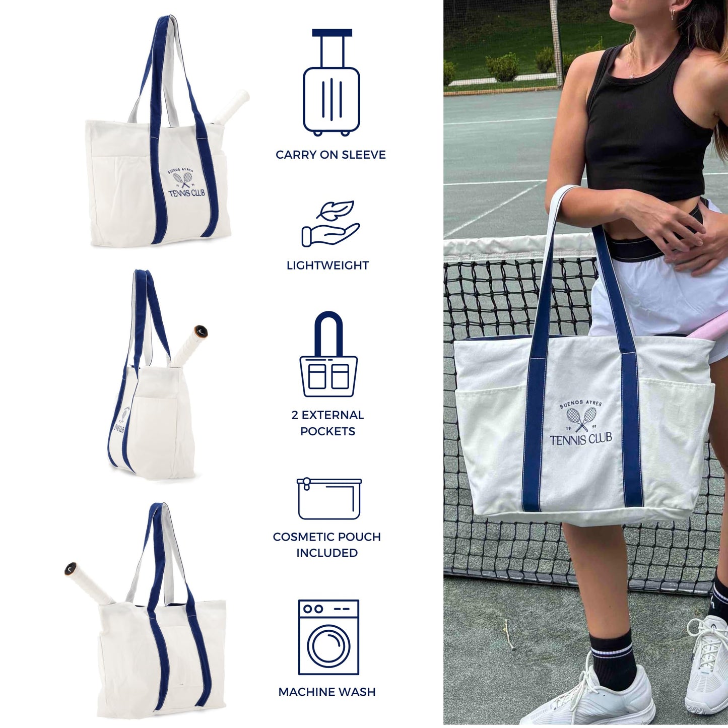 AYRES OUTDOOR Tennis Tote Bag for Women – Large Racket Bag with Pockets, Carry-On Travel Sleeve & Cosmetic Pouch – Perfect for Court, Gym & Travel (W&Blue)