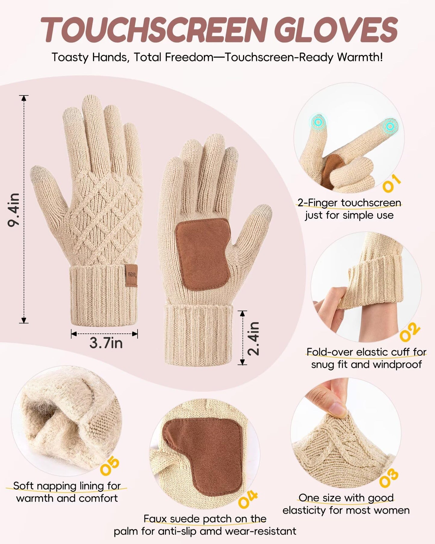 Womens Winter Hat Gloves Scarf Headband Set, Pom Pom Beanie with Fleece Lined Long Knit Neck Scarf Touchscreen Gloves Ear Warmer Headwear, 4 in 1 Warm Christmas Set for Cold Weather(Oatmeal)
