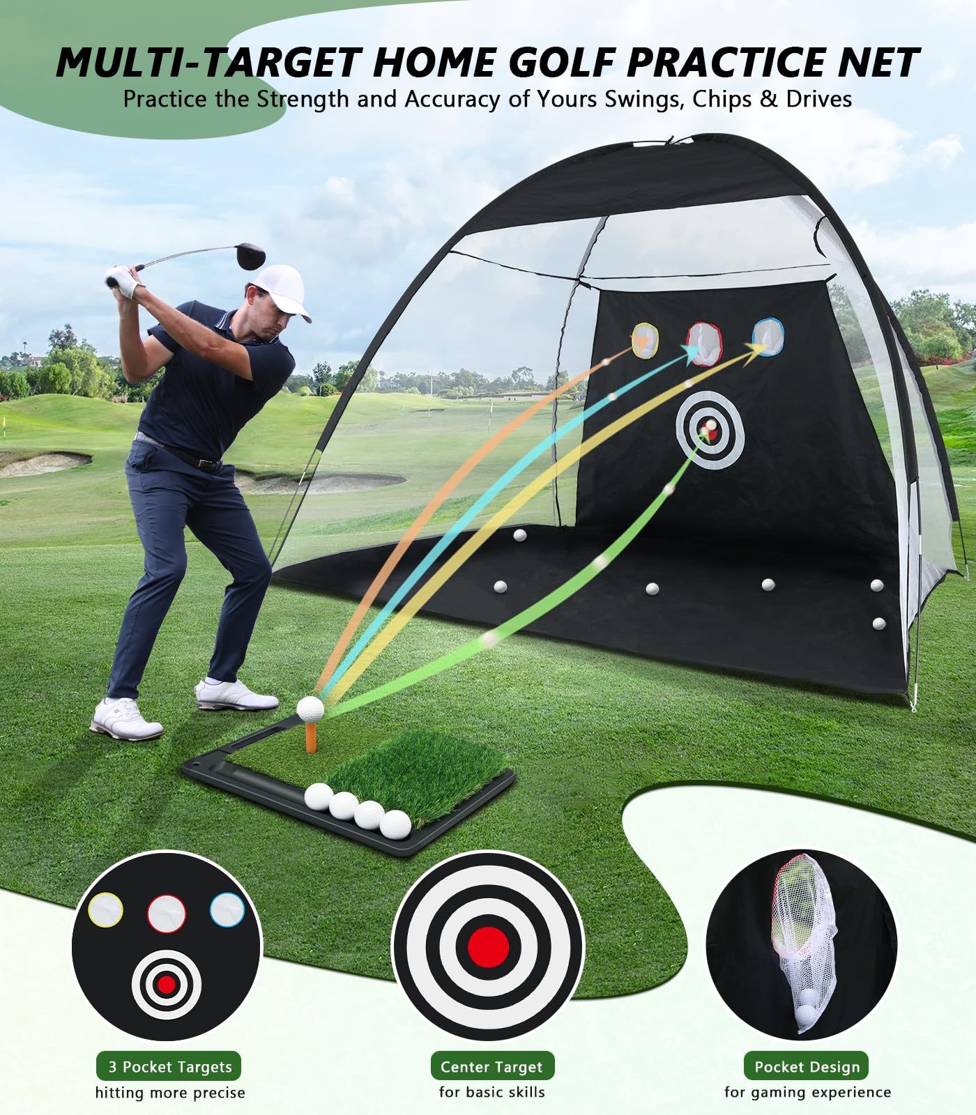 Golf Net: 10 x 7FT Practice Net with Mat for Chipping, Swing, Driving Practice, Nets for Backyard, Indoor & Outdoor Use, Ideal Golf Accessories Gifts for Men, Women, dad, Husbands, and Golfers