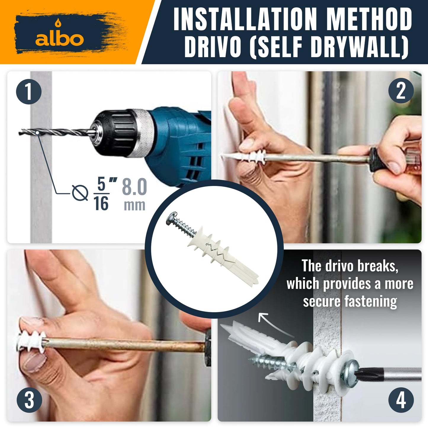 ALBO Self Drilling Drywall Anchor Set Hollow Wall with Screws 50 pcs. (White Anchor 25pcs + Screws 25pcs) Plastic E-Z Ancor Kit