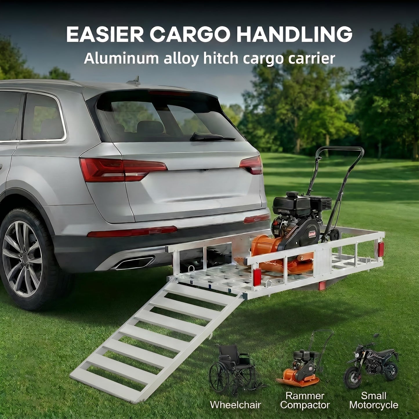 VigorTool Aluminum Hitch Cargo Carrier with 41.5" Folding Ramp, 50" x 29.5" x 8.7" Basket, 500 lb Capacity, Wheelchair & Mobility Scooter Carrier, Anti-Rattle Stabilizer, Steel Support Frame, Fits 2"