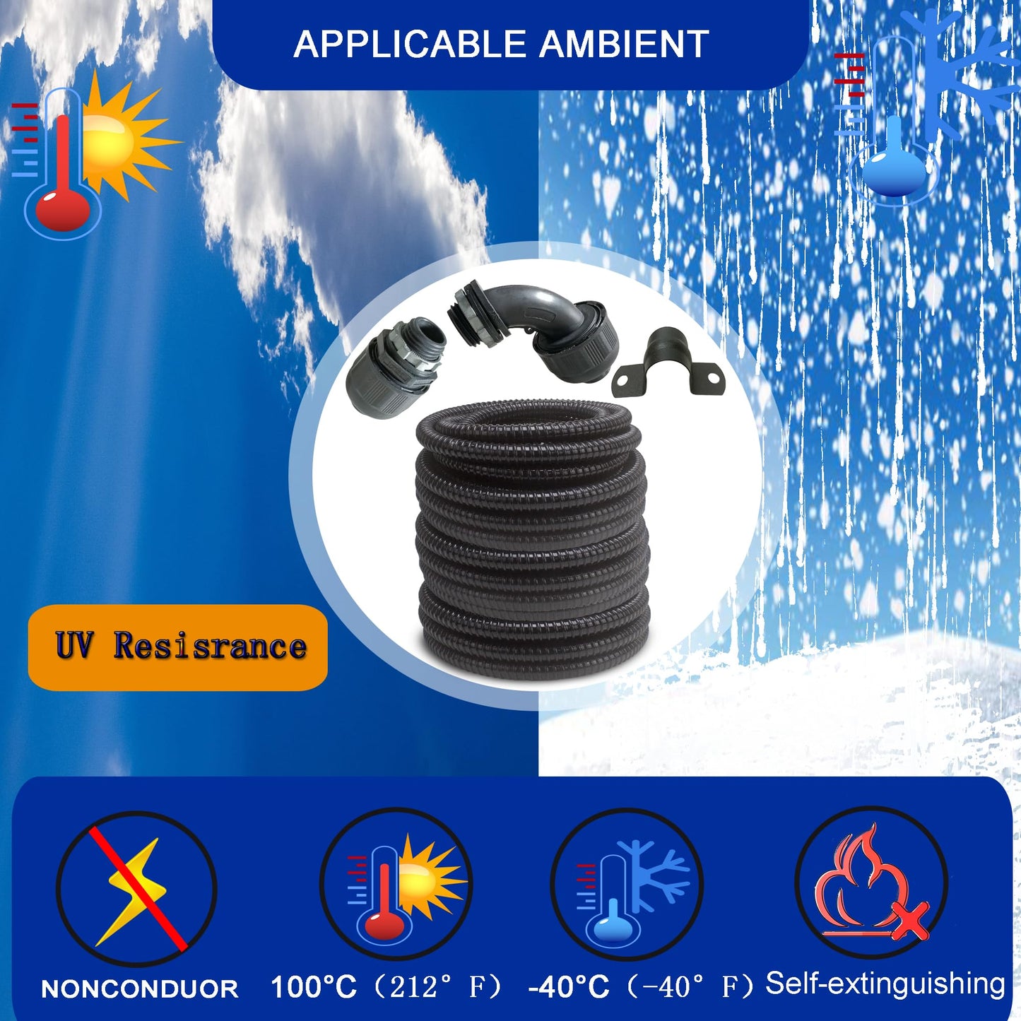 (1/2" Dia * 100 Feet) Yariwiz Black Special Extra Flexible Electrical Conduit Liquid Tight PVC Conduit Kit with 5 PCS Coupling, 5 PCS Elbow and 10 PCS Strap, Sealtight Seal Flex Liquidtight Wire