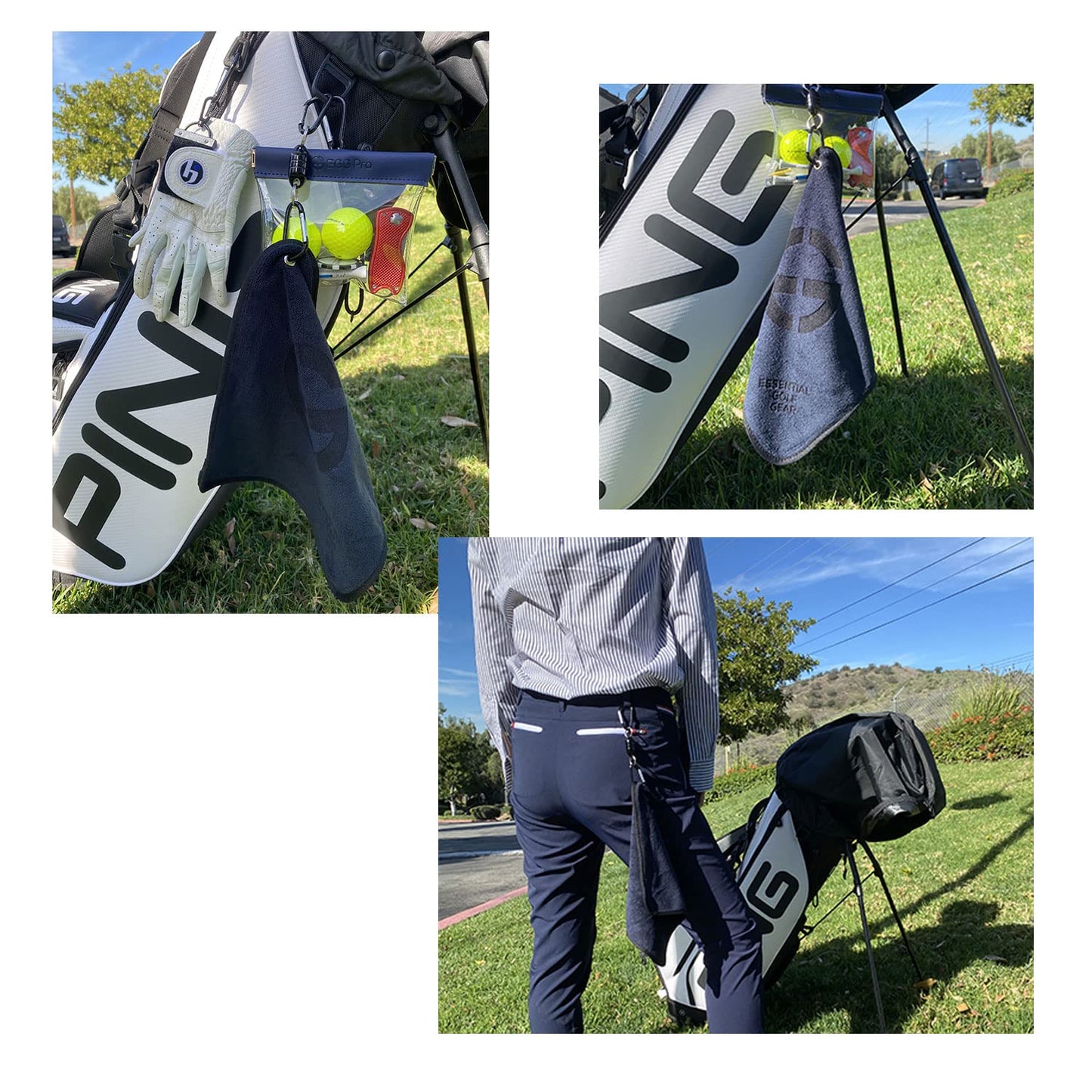 EGG PRO Essential Golf Gear Magnetic Golf Towel, 10.5-inch Square, Navy Blue with 26-inch Retractable String, Carabiner Clip and 3 Extra Microfiber Towels (Total 4 Towels)