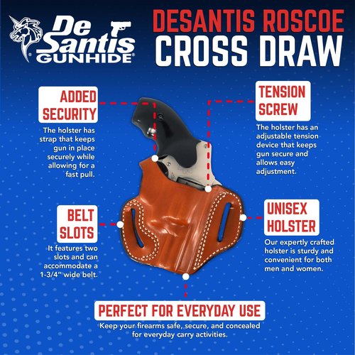 DeSantis Roscoe Cross Draw OWB Leather Belt Slide Holster - Right Hand, Saddle Tan, Compatible with S&W J-Frame 2