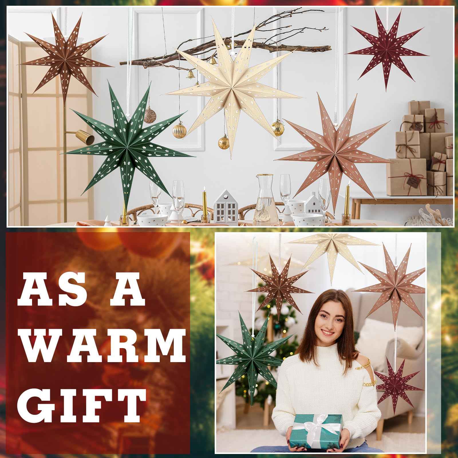 Fullhawl 5 Set 3D Paper Star Lantern - 9 Pointed Hanging Star Lampshade for Xmas Wedding Birthday Party Decor(Brown, Green, Beige, Red, 24 Inch)