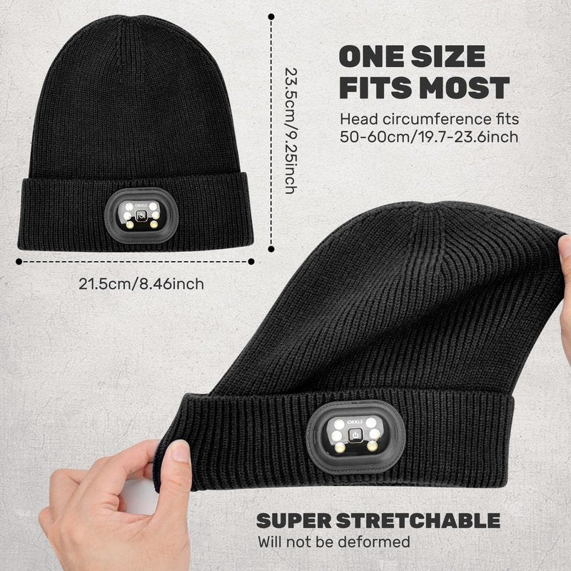 OKKLE Unisex LED Beanie with Light, USB Rechargeable Headlamp Hat, Winter Gifts for Men Women Husband Him Black