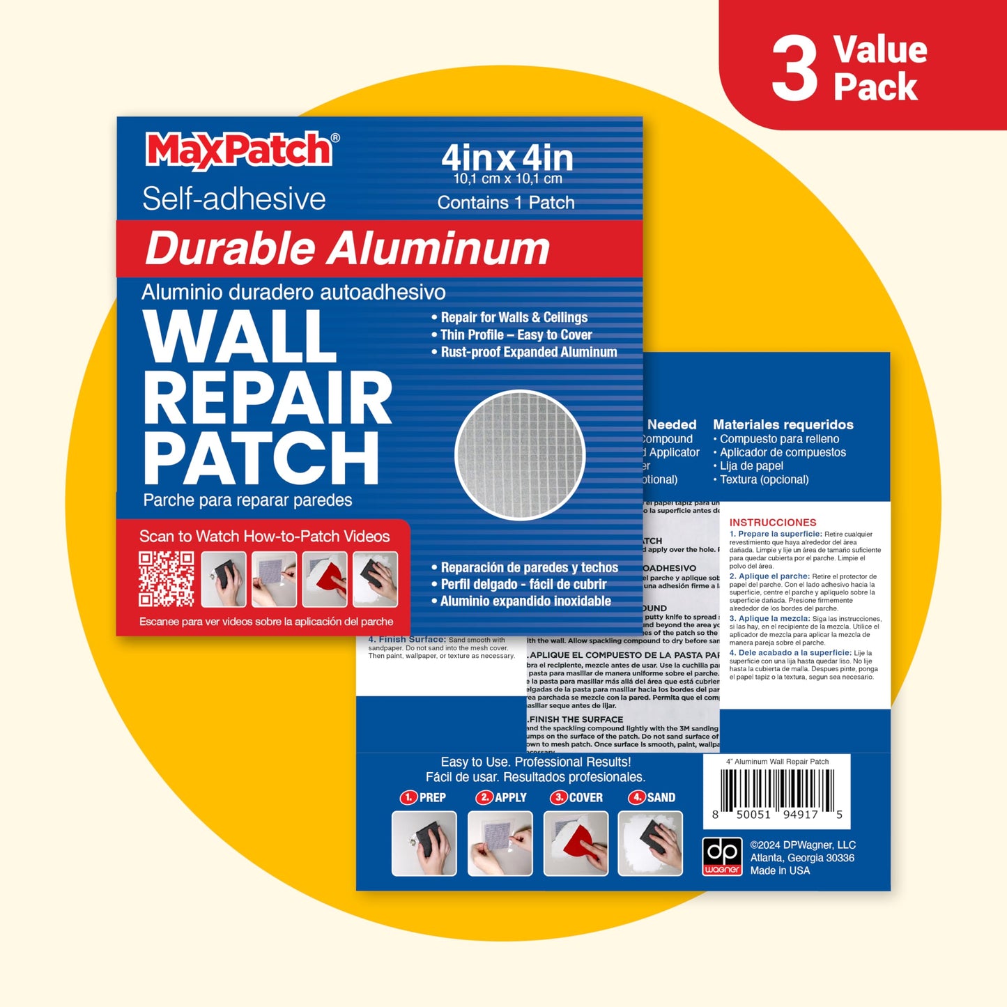 MaxPatch® 4 in. x 4 in. Aluminum Self-Adhesive Wall Repair Patch (3-Pack) – Expanded Perforated Rust-Resistant Aluminum with Strong Adhesive Backing for Interior Wall Repairs