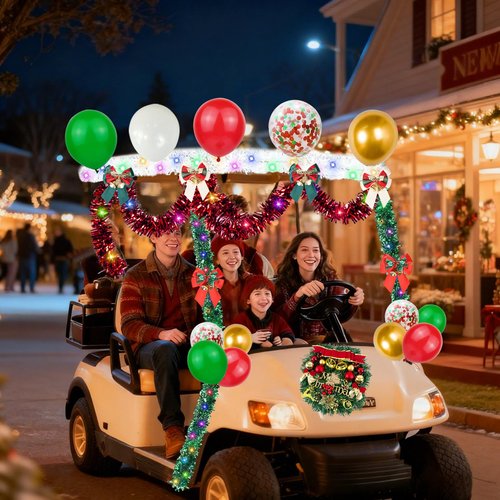 LAIAMER 48Pcs Christmas Golf Cart Decoration Kit, Parade Golf Cart Christmas Decoration Kit - Lights String/Xmas Wreath/Bow/Red Green White Tinsel Garland/Balloons with Glue for Xmas Carts Decor