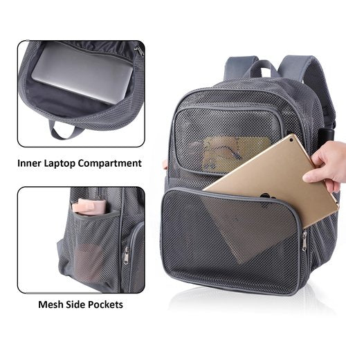 COVAX Large Mesh Backpack, Semi-transparent College Backpack, See Through Mesh Bookbag with Bungee and Comfort Padded Straps for Travel, Swimming, Beach, Outdoor Sports (Grey)