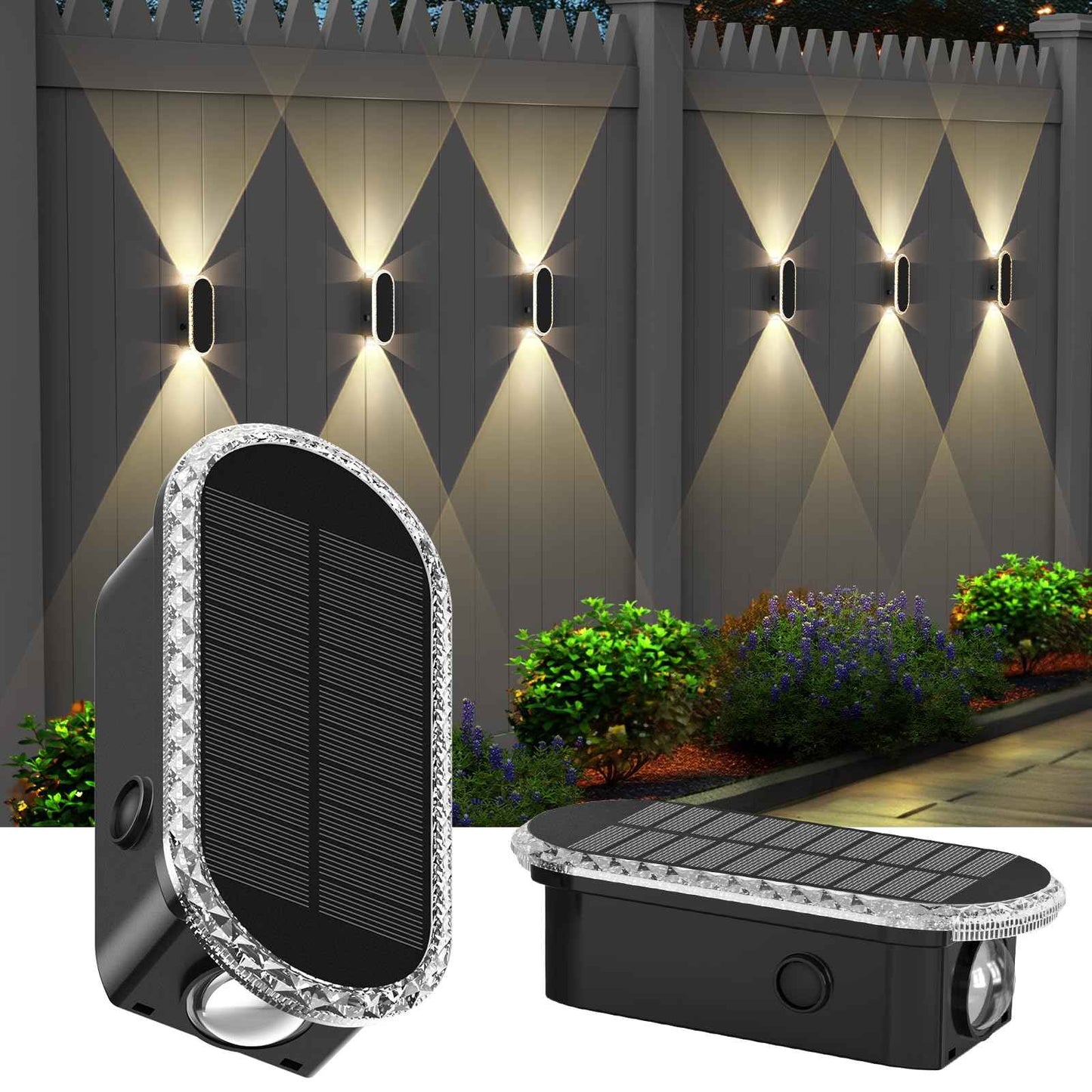 Herzila Solar Fence Lights - RGB & Warm White, LED Christmas Solar Lights Outdoor Waterproof 8 Colors,2 Lens Top and Bottom Lighting for Outdoor/Patio/Wall/Fence Pack of 2