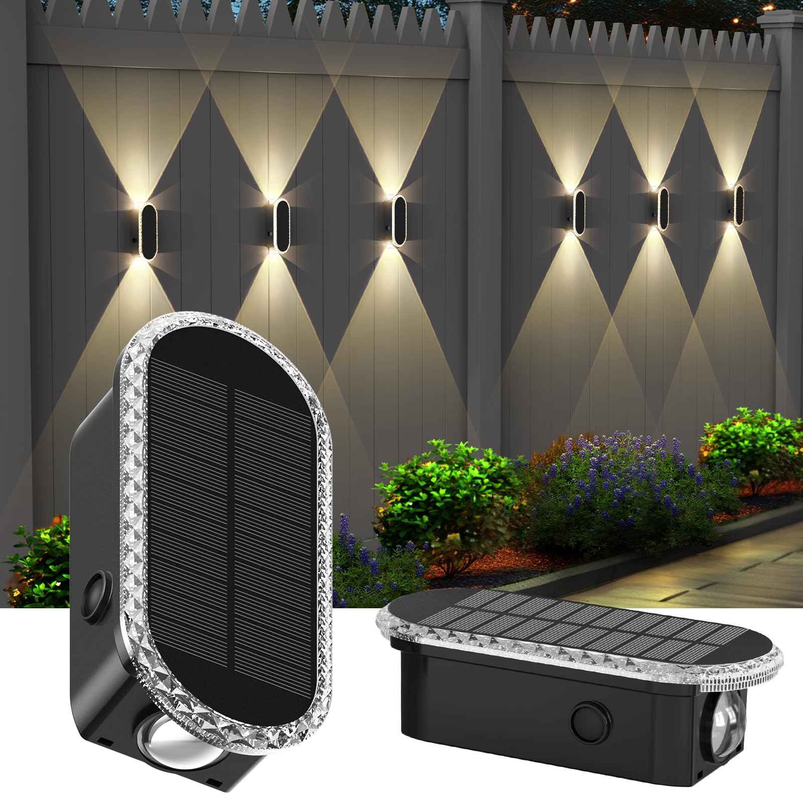 Herzila Solar Fence Lights - RGB & Warm White, LED Christmas Solar Lights Outdoor Waterproof 8 Colors,2 Lens Top and Bottom Lighting for Outdoor/Patio/Wall/Fence Pack of 2