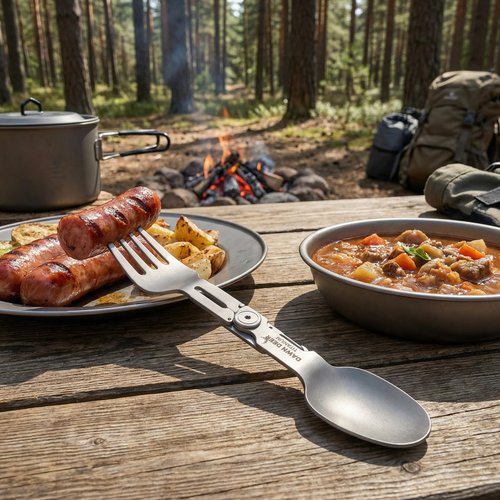 Dawn Deer Titanium Rotating Spork - 2-in-1 Folding Spoon and Fork for Camping, Hiking, Backpacking - Lightweight, Durable Travel Utensil with Compact Design - EDC Survival Gear (1PC)