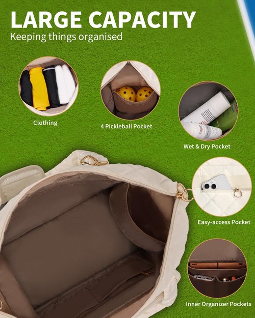 ESTARER Pickleball Bag, Pickleball Tote Bag with Shoe Compartment for Women Large Pickle ball Paddle Storage & Fence Hook (Off White)