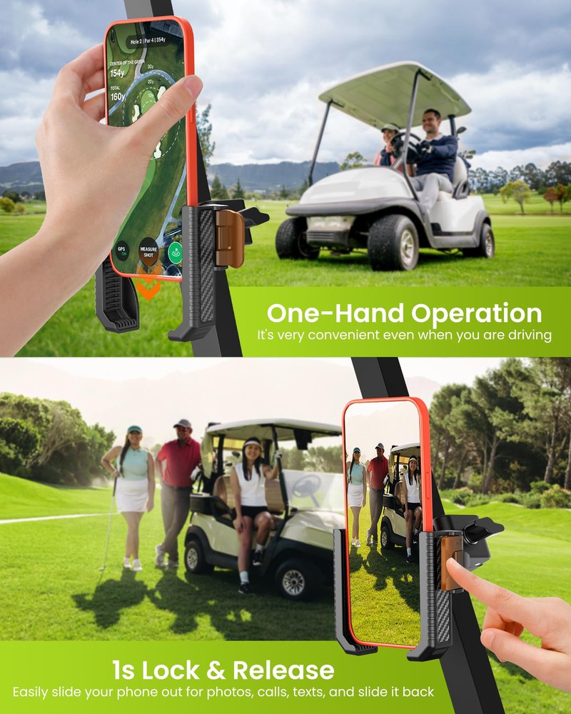 Smerkod Golf Cart Phone Holder Mount - 3s Phone Clip Install, 1s Lock & Release，Phone Caddy for iPhone Galaxy & More Fits Yamaha Club Car EZGO Icon, Golf Cart Accessories Essentials Gift for Men Women