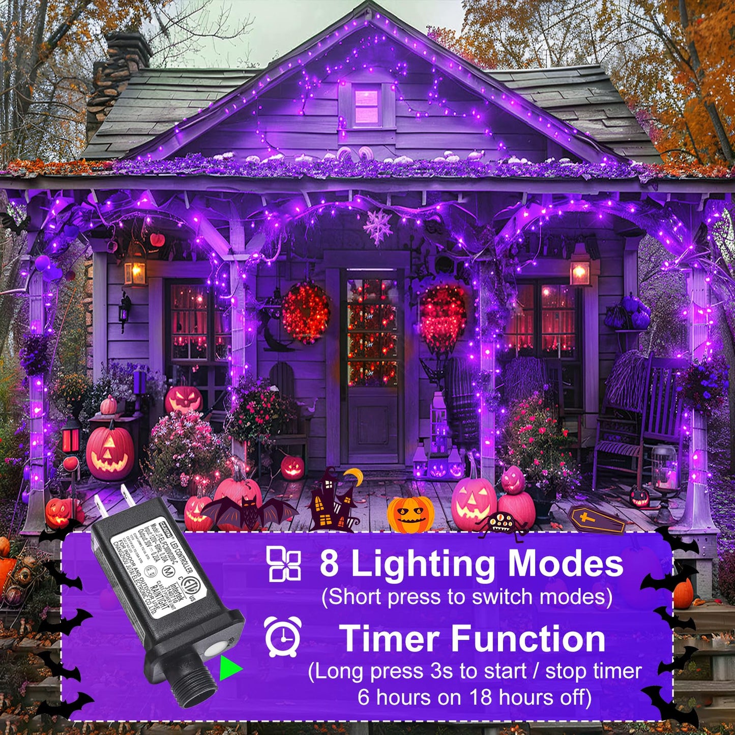 Nielfoi Purple Halloween Lights, 66FT 200 LED Halloween Lights Outdoor with 8 Modes Waterproof, Connectable String Light Indoor Green Wire for Tree Garden Patio Party Holiday Decorations