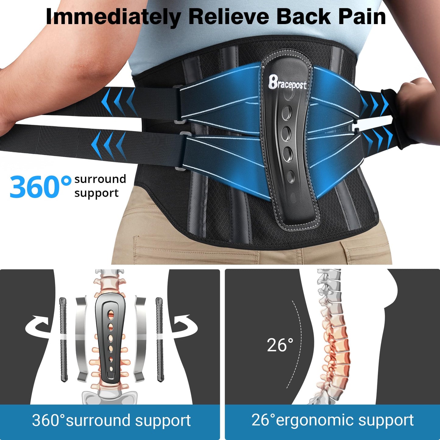 Back Brace For Lower Back Pain Women Men With 360°Support & Hot/Cold Compress,Breathable Back Support Belt With 3D Pad,Adjustable Back Brace For Sciatica,Herniated Disc,Scoliosis,XXL