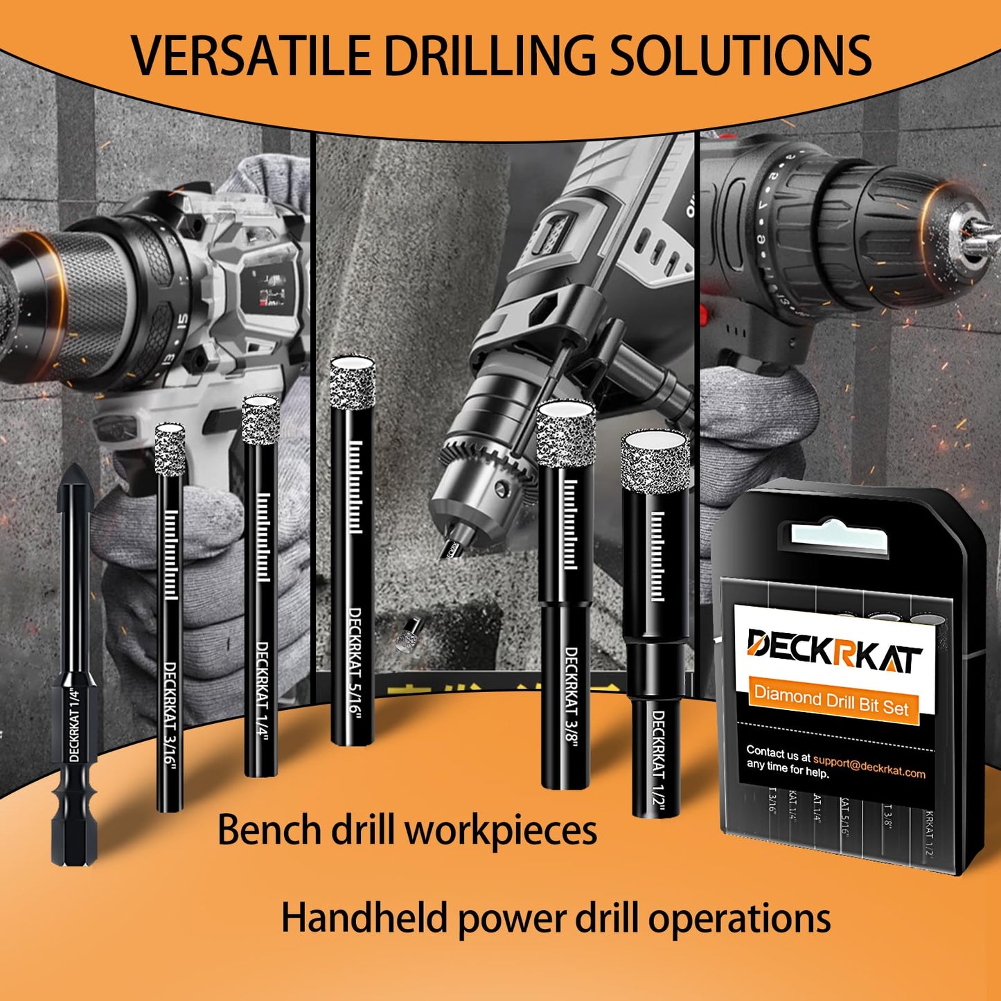 DECKRKAT 7-Piece Dry Diamond Drill Bits & Carbide Tile Drill Bit Set for Tile,Ceramic,Marble,Porcelain,Glass & Granite- 3/16", 1/4" (x2), 5/16", 3/8", 1/2" + 1/4" Masonry Bit