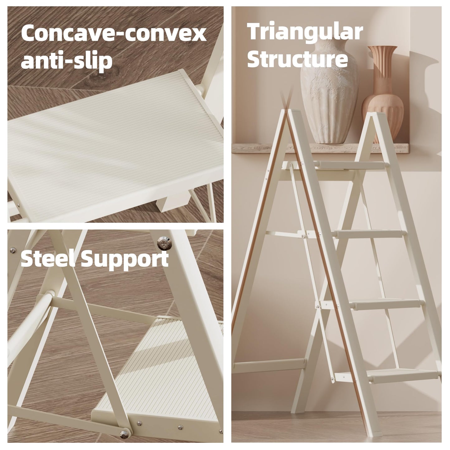 HillhutApex 4 Step Ladder, Lightweight Foldable 4 Step Stool with Anti-Slip Wide Pedal, 330lbs Capacity Aluminum Ladder for Household,Office,Garage(White)