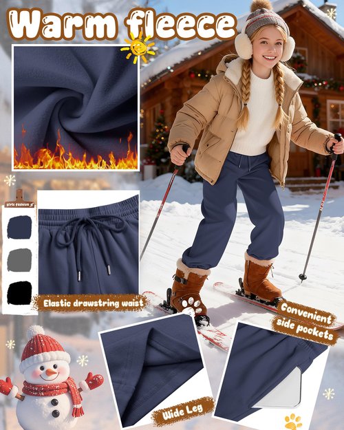 LessonZoo 3 Pack Girls' Sweatpants Fleece Lined Wide Leg Drawstring Casual Kids Open Bottom Pants with Pockets Teen Girl(Navy Blue, Heather Gray, Black,11-12 Years)