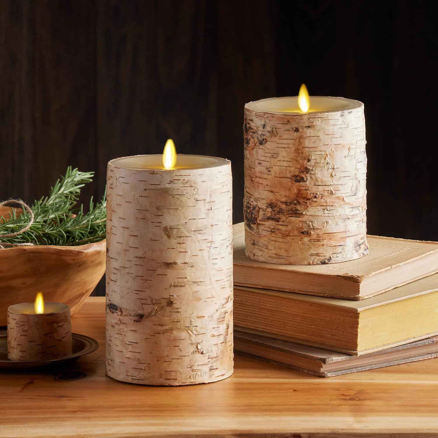 Realistic Moving Flame LED Pillar Candle with Birch Bark - Battery Operated, Remote Ready, 4x7