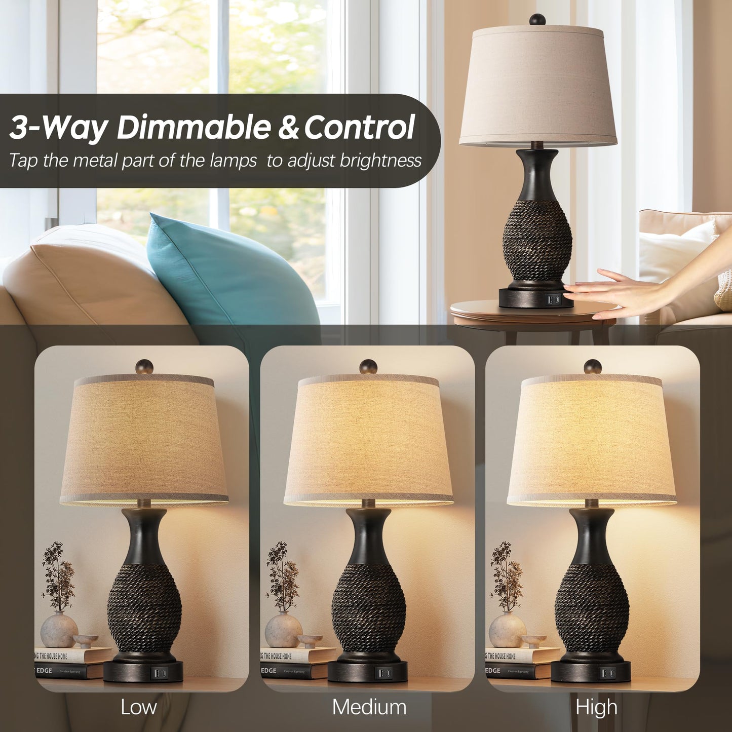 PARTPHONER Table Lamps Set of 2, Bedside Touch Lamp with USB C+A Charging Ports, Side Table Lamp with Linen Fabric Shade (LED Bulbs Included), Black with Gold Accents