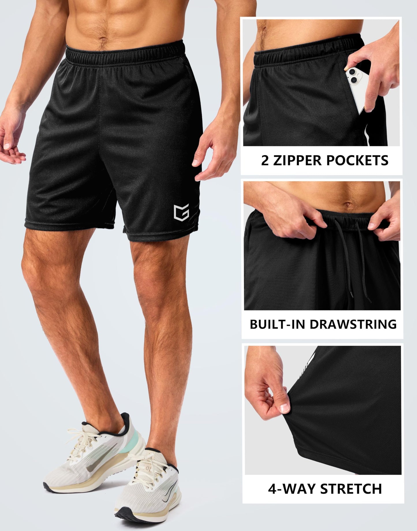 G Gradual Men's Gym Shorts 5"/7"/10" with Zipper Pockets Basketball Athletic Mesh Quick Dry Shorts for Workout Running Tennis (7 inch, Black, Large)