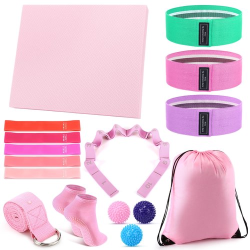 Halloscume 16 Pcs Home Pilates Kit for Women Resistance Band, Stretching Band, Non Slip Socks, Yoga Fascia Balls, Stretch Belt in Sections, Balanced Cushions, Hip Belt and Drawstring Bag (Pink)