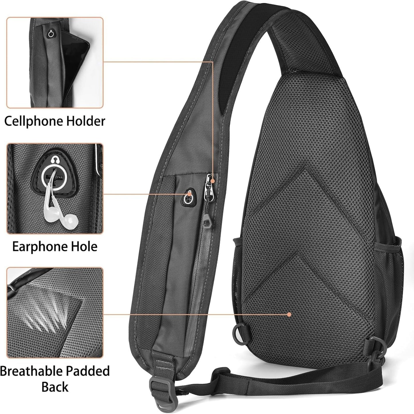 DAYELIVE Sling Bag for Mens Crossbody Bag Travel Sling Backpack Hiking Daypack Chest Bag Shoulder Bag, Large Cross Body Bag with Chest Phone Holder Black&Grey