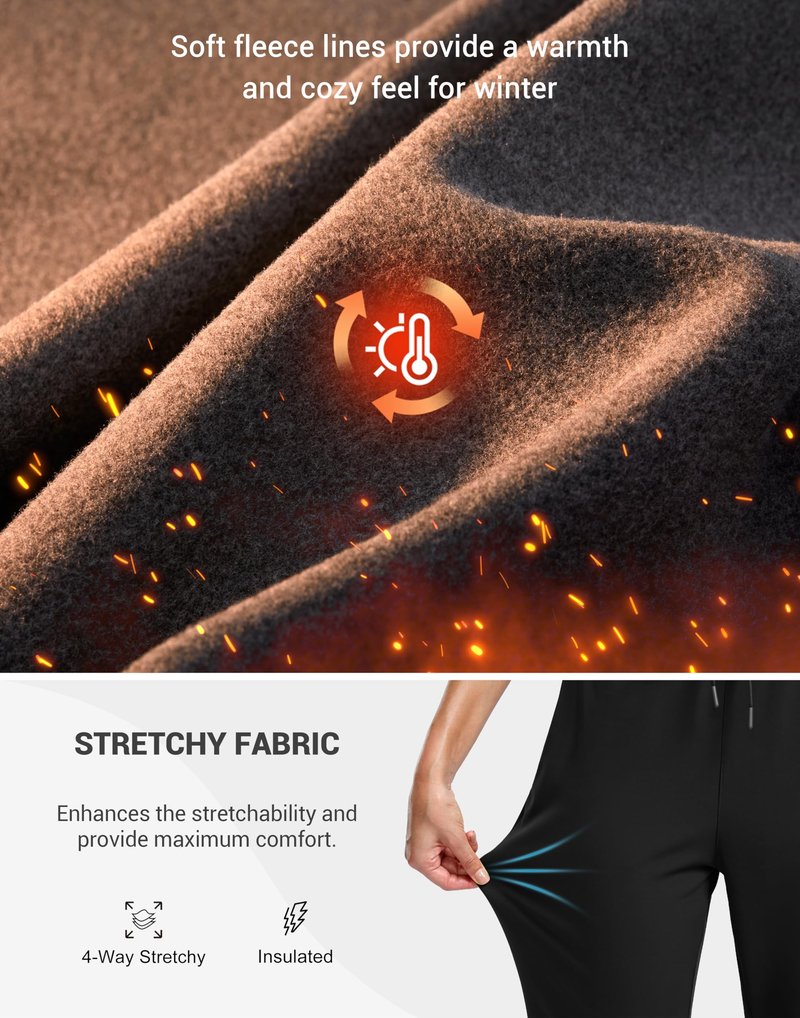 SANTINY Women's Fleece Lined Joggers Pockets Drawstring Waterproof Sweatpants Thermal Ski Running Winter Hiking Pants Women(Black_L)