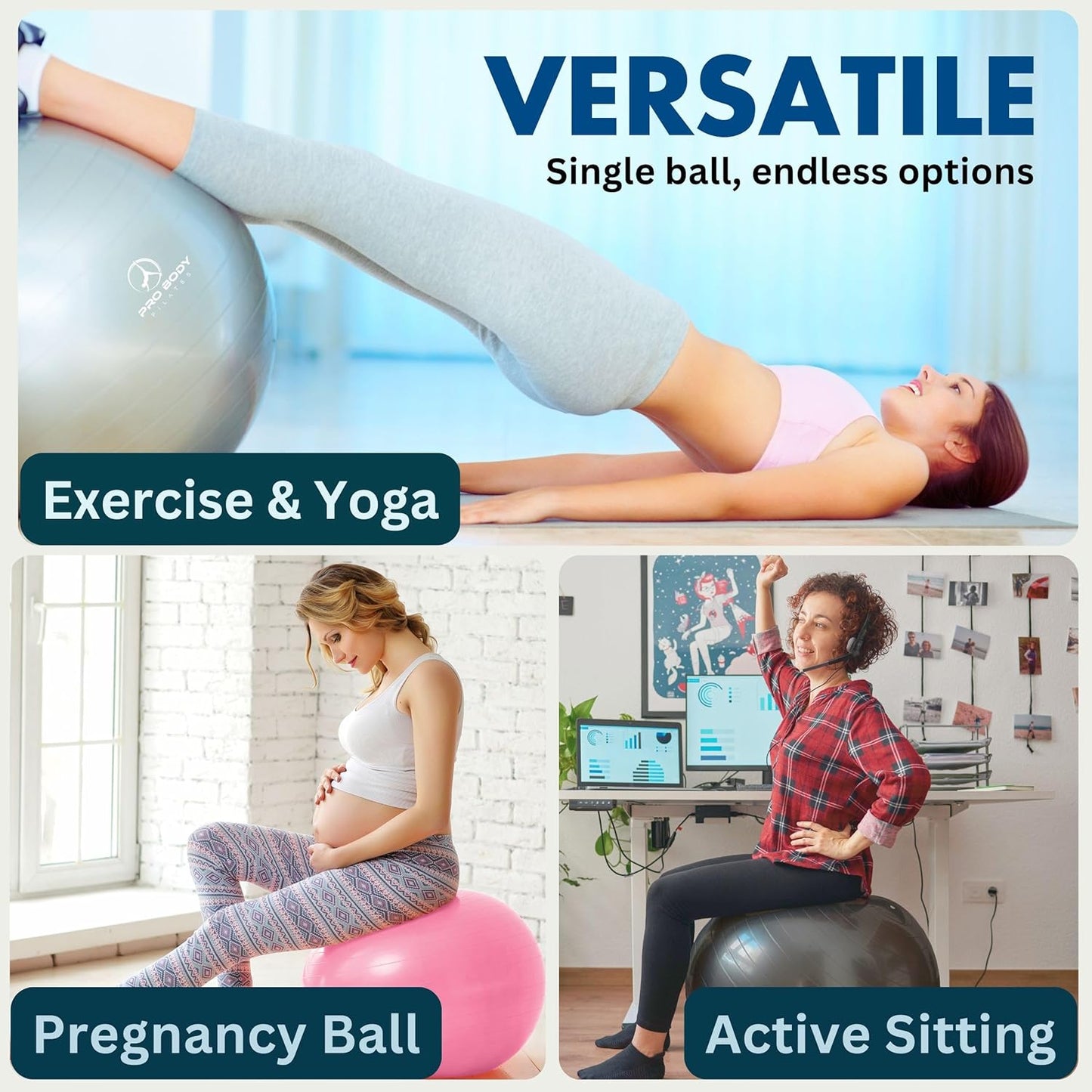 ProBody Pilates Exercise Ball - Gym-Grade Balance Ball for Fitness, Yoga & Therapy | Multiple Sizes Available