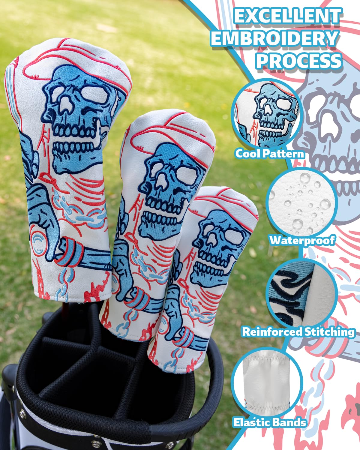 Golf Club Head Covers,1pc Skull Skeleton Driver Golf Headcovers for Woods, PU Leather with Advanced Embroidery for Most Brands-White