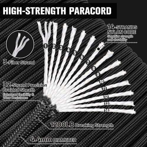 1200 Paracord Rope - 4.4mm Nylon Parachute Cord for Outdoor Camping & DIY Projects | 100FT Black
