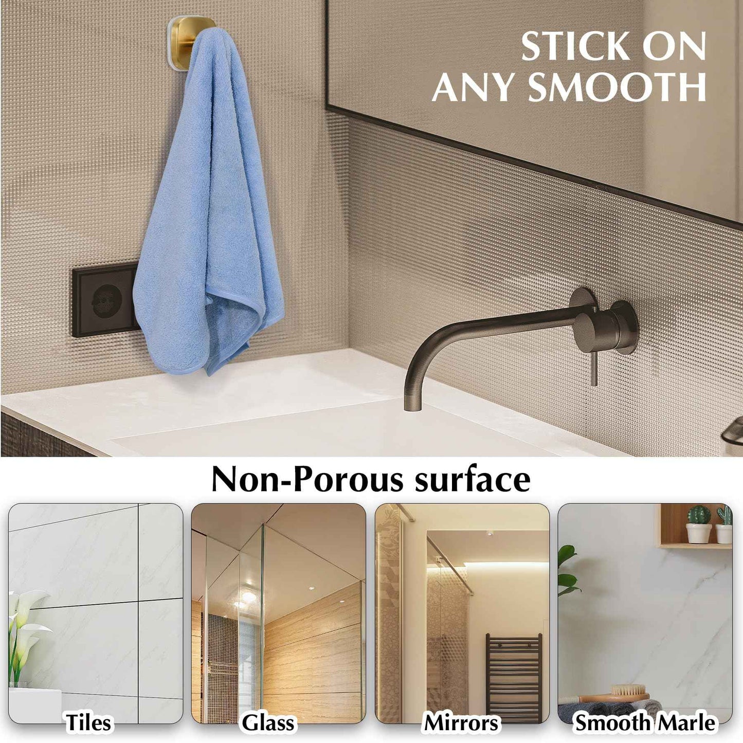 warlve Suction Cup Hooks for Shower - Reusable No-Drill Mounting - Hooks for Towels, Robes & Loofah on Metal, Glass, Mirrors, Tile & Smooth Non-Porous Surfaces (2, Brushed Gold)