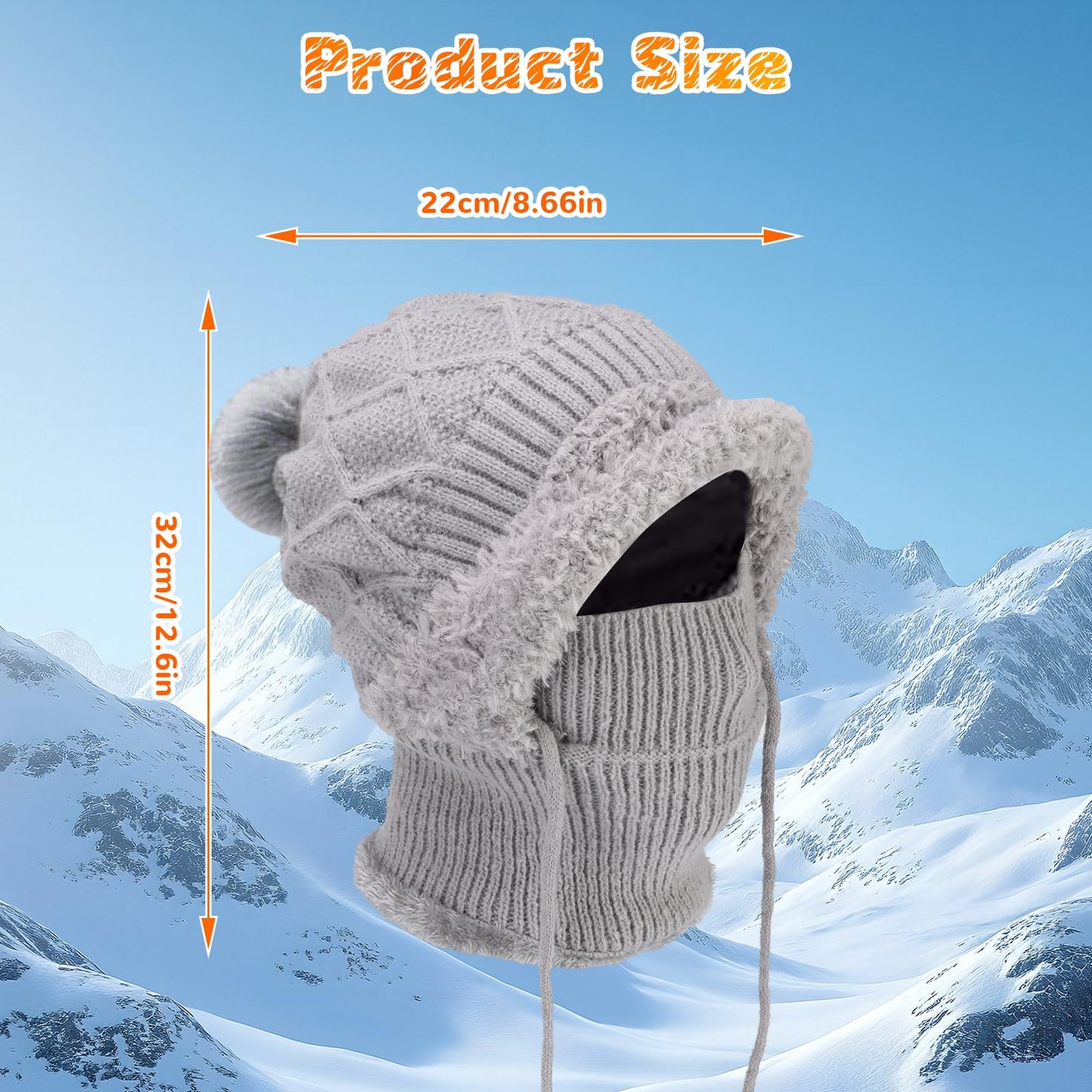 3 in 1 Beanie Hat with Scarf and Mask, Women's Outdoors Windproof Scarf Hat, Knitted Ski Mask Set (Grey)