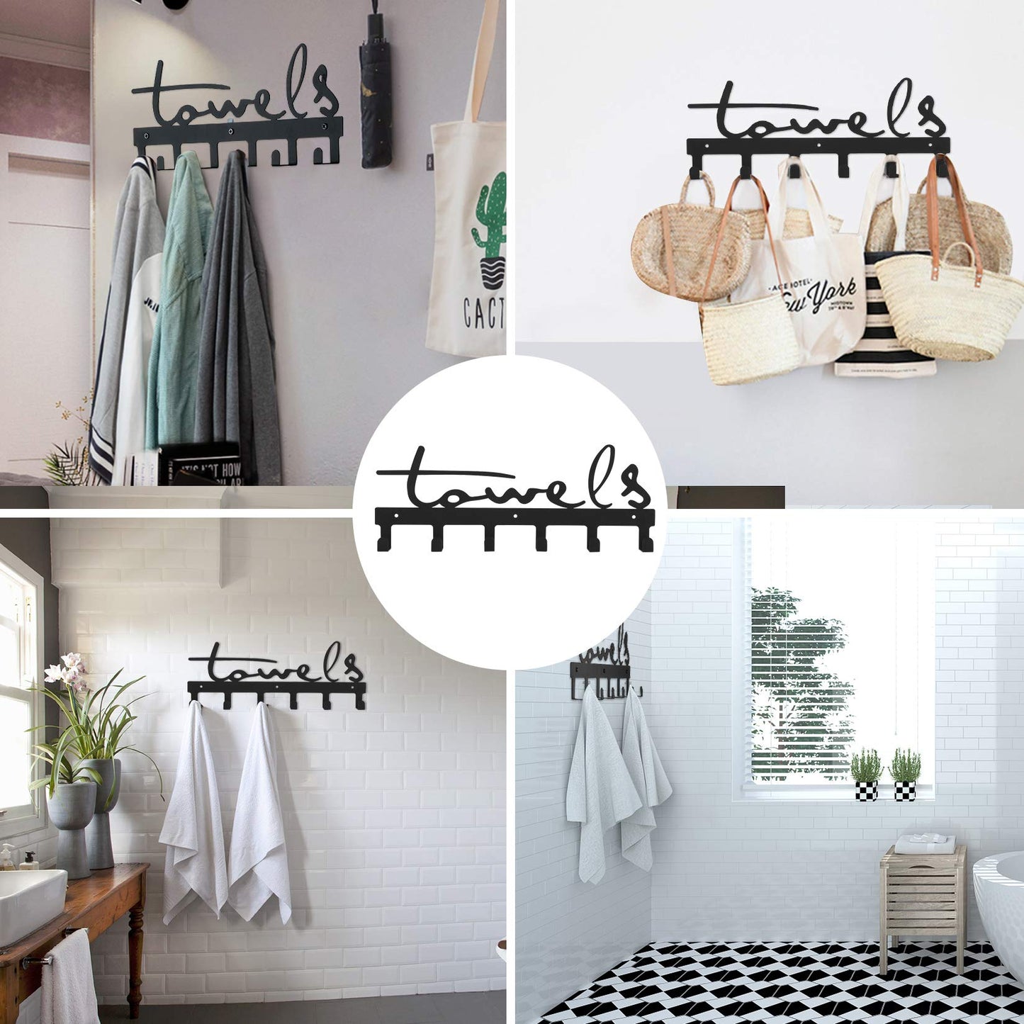 Goutoports Bathroom Towel Rack Wall Mount Towel Holder Kitchen Metal Holder Rack 6 Hooks Hot Tub Accessories Rustproof and Waterproof (Black)