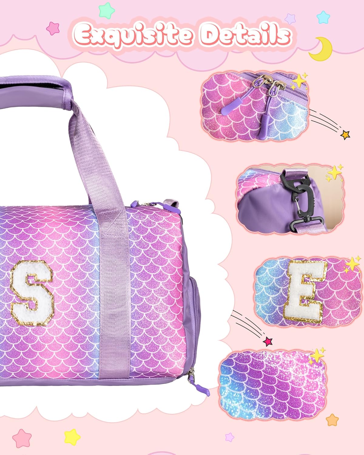 Skiennix Girls' Gym Bag - Stylish Weekender Tote with Shoe Compartment & Makeup Pouch | Initial 'S' for Ages 3-12