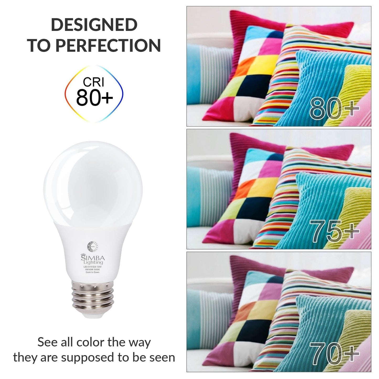 Simba Lighting LED Outdoor Light Bulbs with Photocell Sensor Dusk to Dawn Smart Auto On and Off (2 Pack) A19 6W 40W Replacement for Porch, Night Light, Garage Door, E26 Medium Base, 5000K Daylight