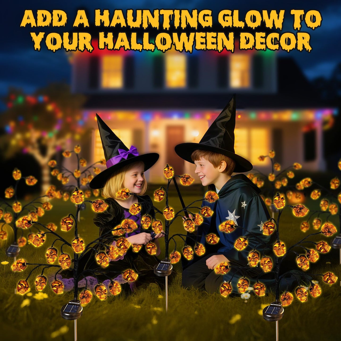 Evoio Halloween Outdoor Decorations Solar Lights - 8 Modes | 20 LED Skull Lights for Outside Halloween Decor, Skeleton Skull Lighting Stake for Garden, Patio, Yard, Lawn, Proch, Pathway Decorations