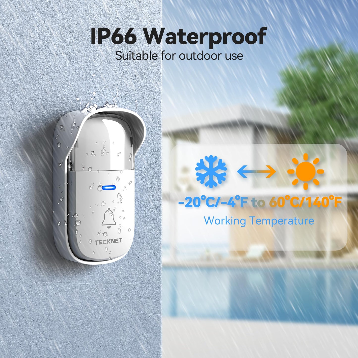 TECKNET Self-Powered Wireless Doorbell Kit - Plug-Through Door Bell with RGB Light, 60 Chimes & 5 Volume Levels, IP66 Waterproof Classroom Doorbell, 1000ft Range Doorbells for Home/Office