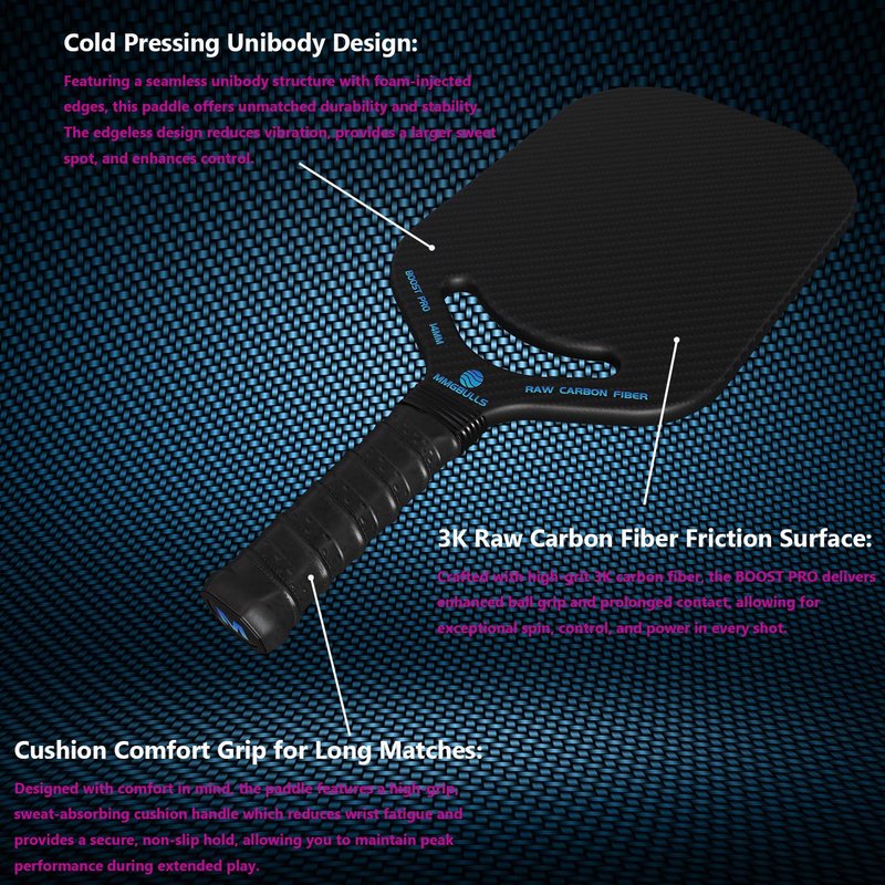 MMGBULLS Boost PRO Pickleball Paddle, 3K Raw Carbon Fiber, Foam Injected Walls, 14MM Polypropylene Honeycomb Core with Air Throat, Cushion Comfort Grip