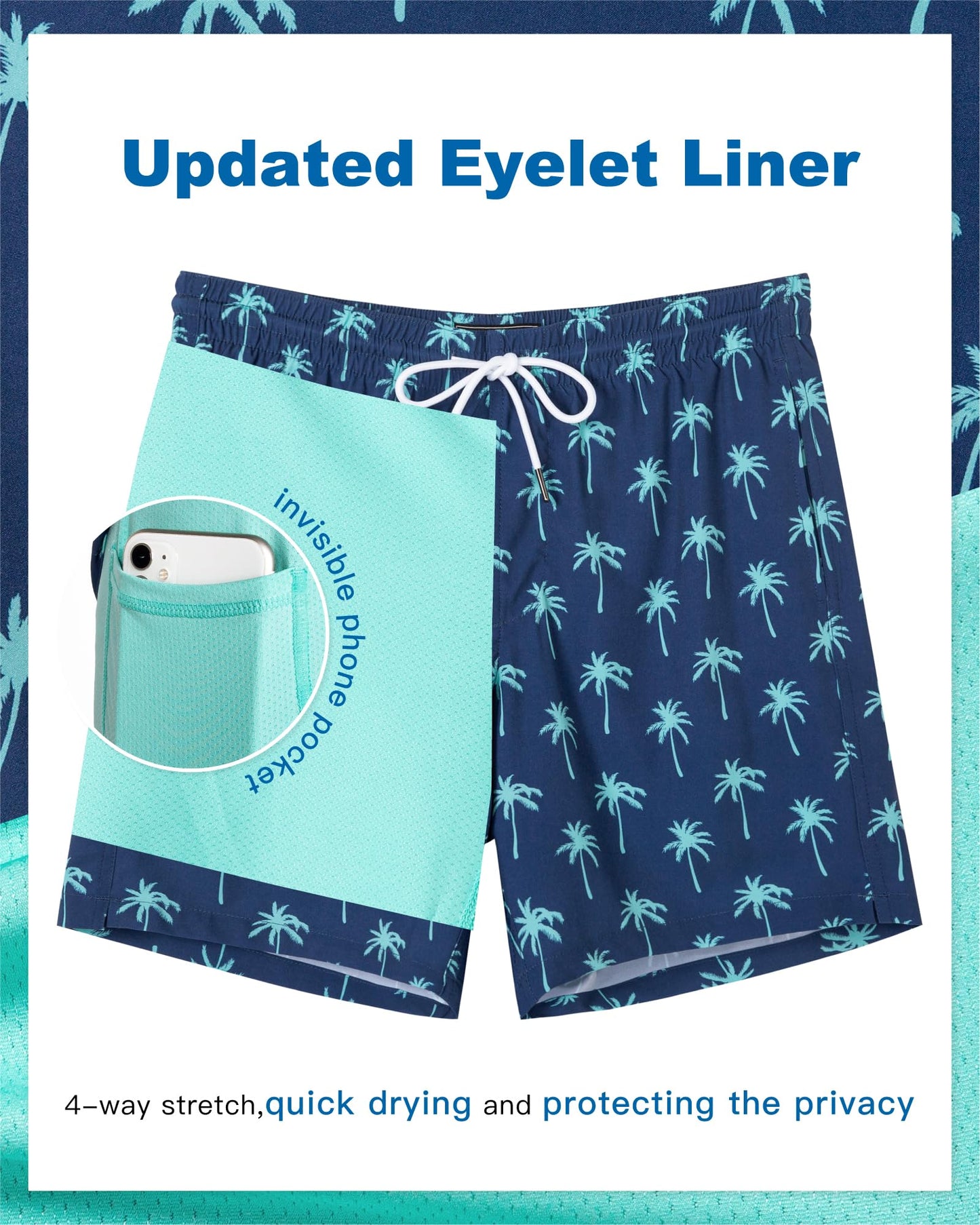 SURF CUZ Mens Swim Trunks with Compression Liner Quick Dry Swim Shorts 7" Swimming Trunks Stretch Bathing Suit Zipper Pockets,Beachside Palms,S