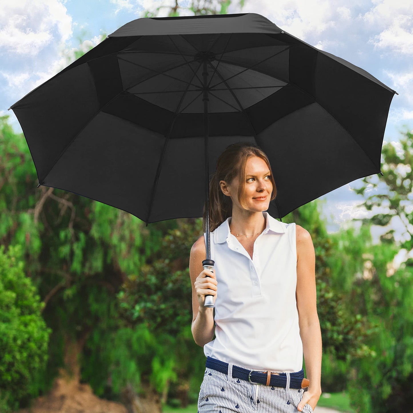 The Typhoon Tamer 62 Inch Vented Windproof Double Canopy Large Golf Umbrella for Rain & Wind, Strong Oversized Lightweight Professional Quality Golfers Umbrella for Men & Women, Purple/White