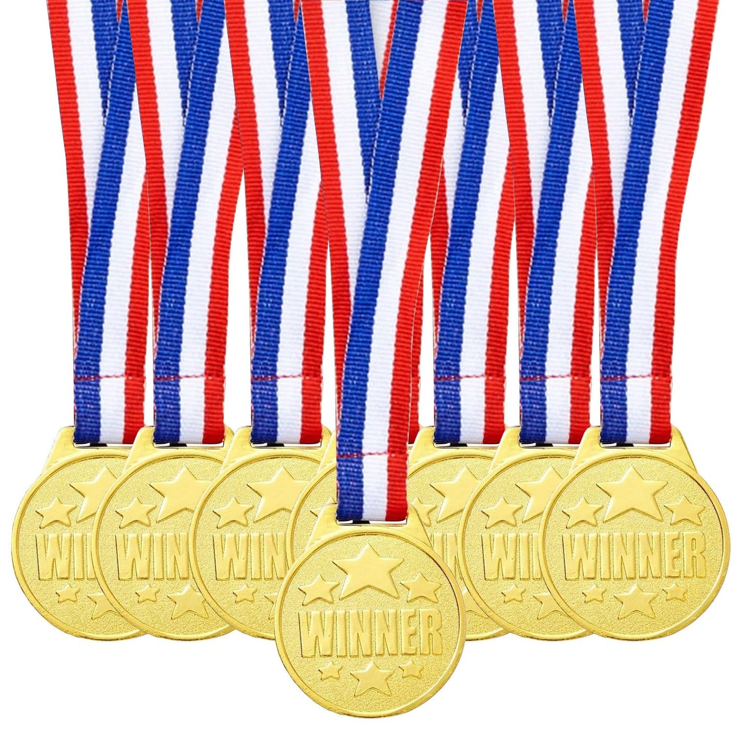 Podzly 50 Piece Goldtone Plastic Award Winner Medal Set - Ideal for Sports, Games, Competitions, Rewards, Talent Shows, Parties, Party Favors, or Decor - Stylish Gold Medals with Ribbons for Kids