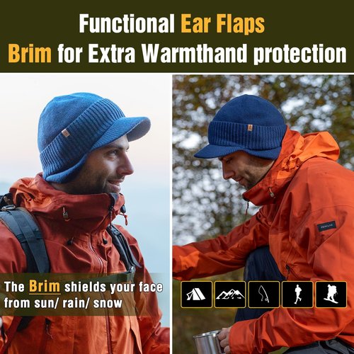 TOP-EX Waterproof Merino Wool Visor Brimed Beanie with Ear Warmers Mens Large Winter Hat Warm Fleece Lined for Cold Weather Ski Black M/L