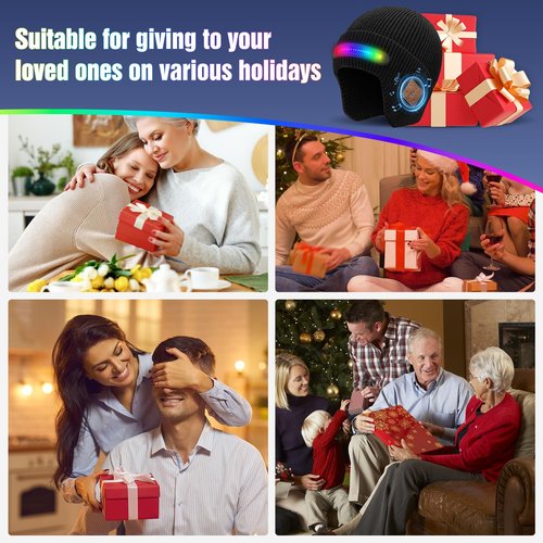 Bluetooth Beanie with Light, Built-in Stereo Speaker Mic and Wide Beam Light, Rechargeable Headlamp hat Music hat, Unique Tech Gifts for Men Him Husband Teen Black
