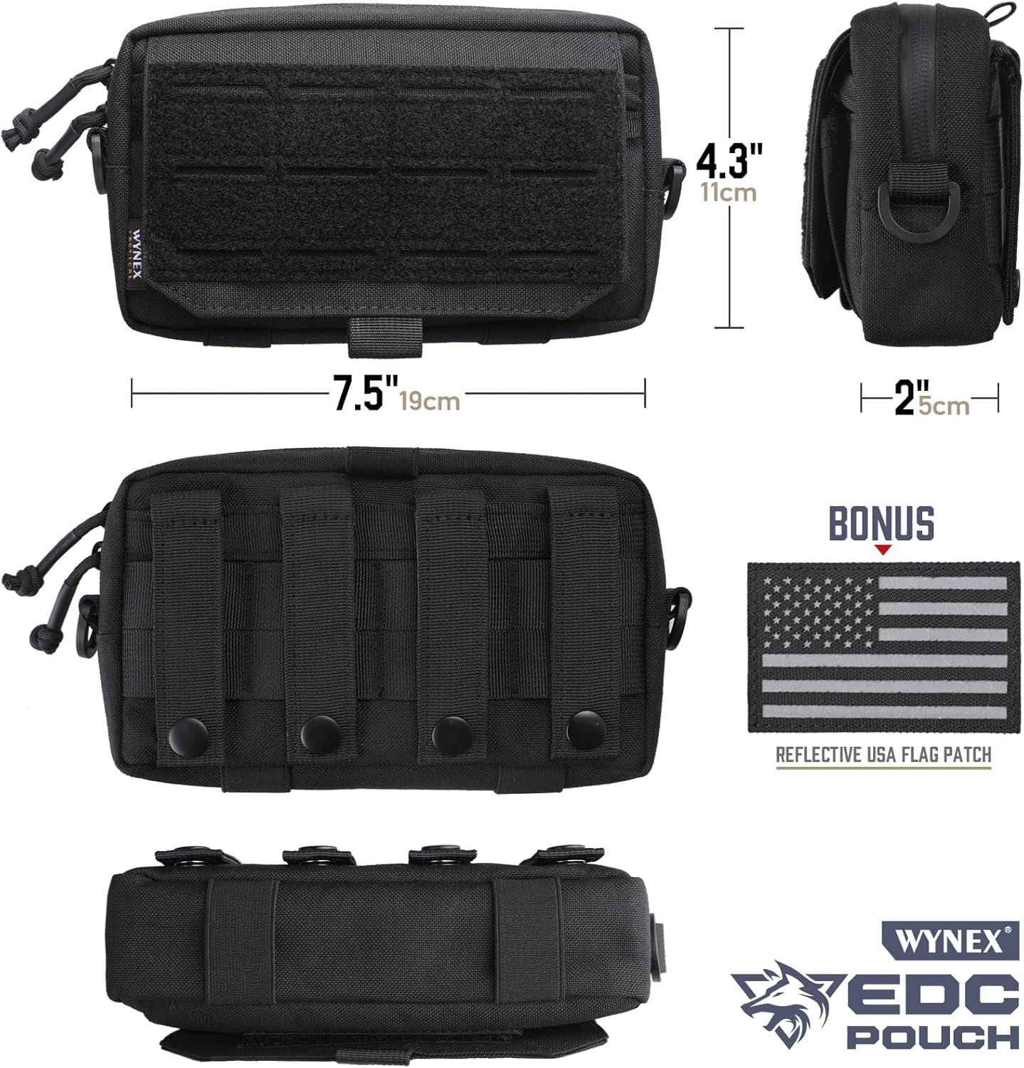 WYNEX Tactical Molle Admin Pouch - Utility EDC Bag with Laser Cut Design & American Flag Patch