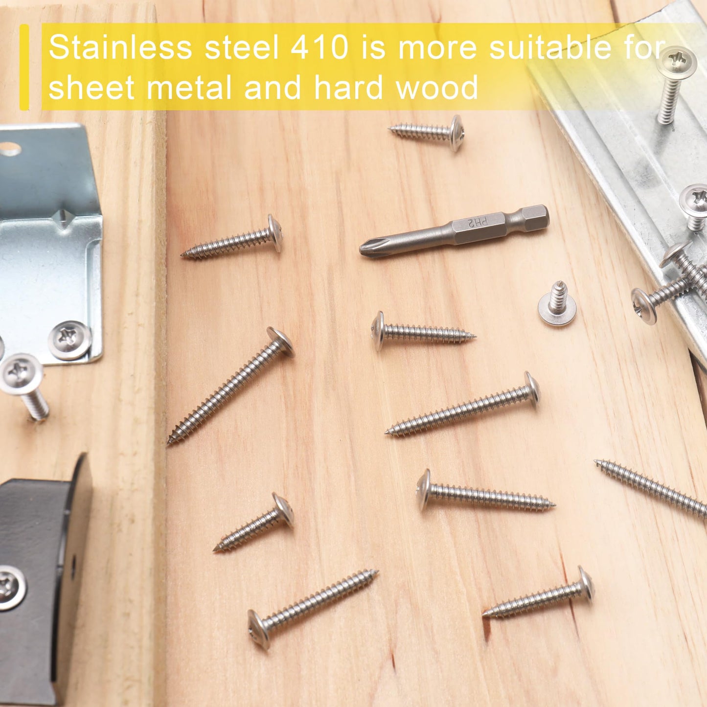 JEGONFRI 250pcs #8 x 1/2" 410 Stainless Steel Modified Truss Head Wood Screws, Phillips Drive Self Tapping Metal Screws with Screwdriver Bit