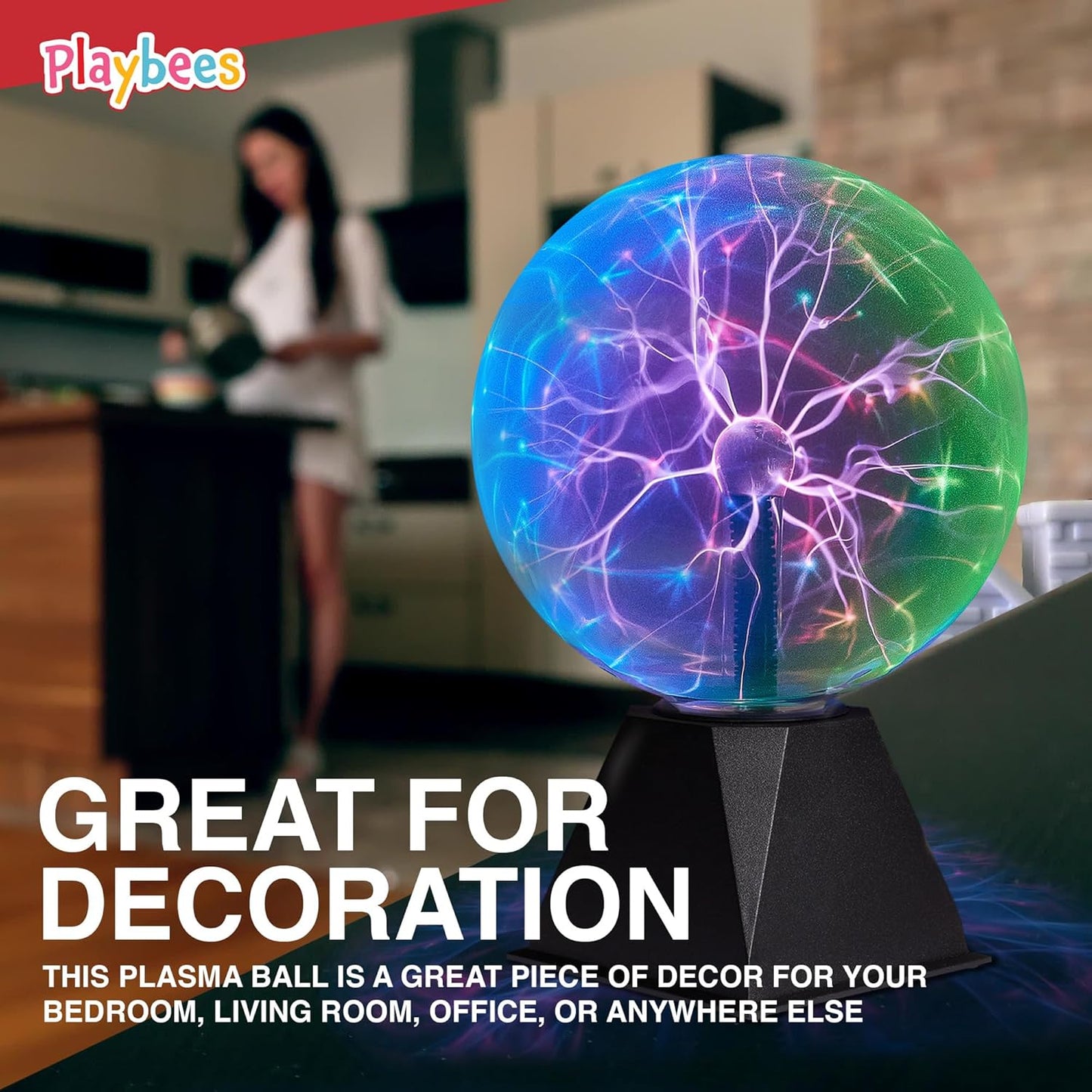 Playbees 7-Inch Colorful Plasma Ball - Tesla Coil Globe with Multicolor Lightning Effects for Parties & STEM Learning